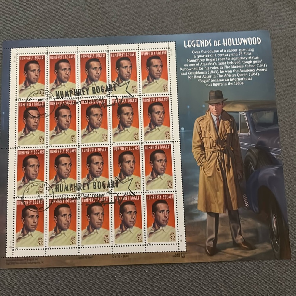 Collectable Stamps Humphrey Bogart Legends of  Hollywood. First Day of Issue.